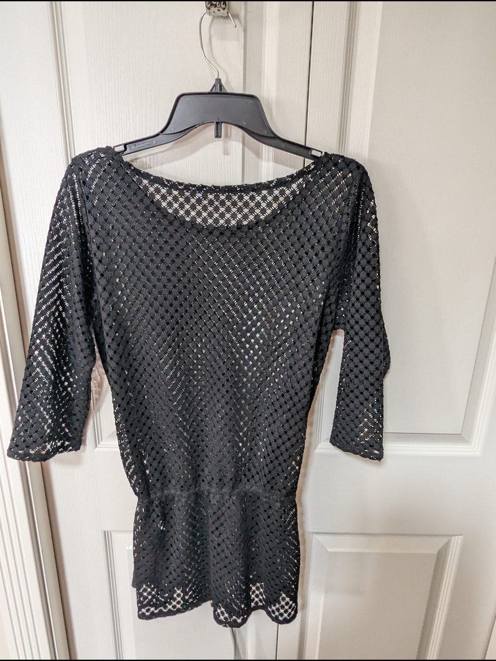 Black Open-Knit Top with Peplum Hem